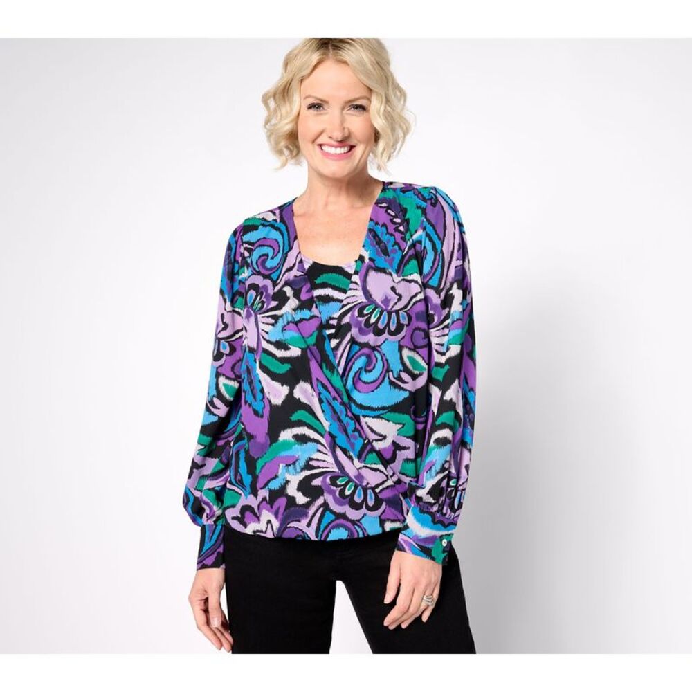 Susan Graver Women's Top Sz XS Printed Woven Blouson Knit Multi-colored A673971